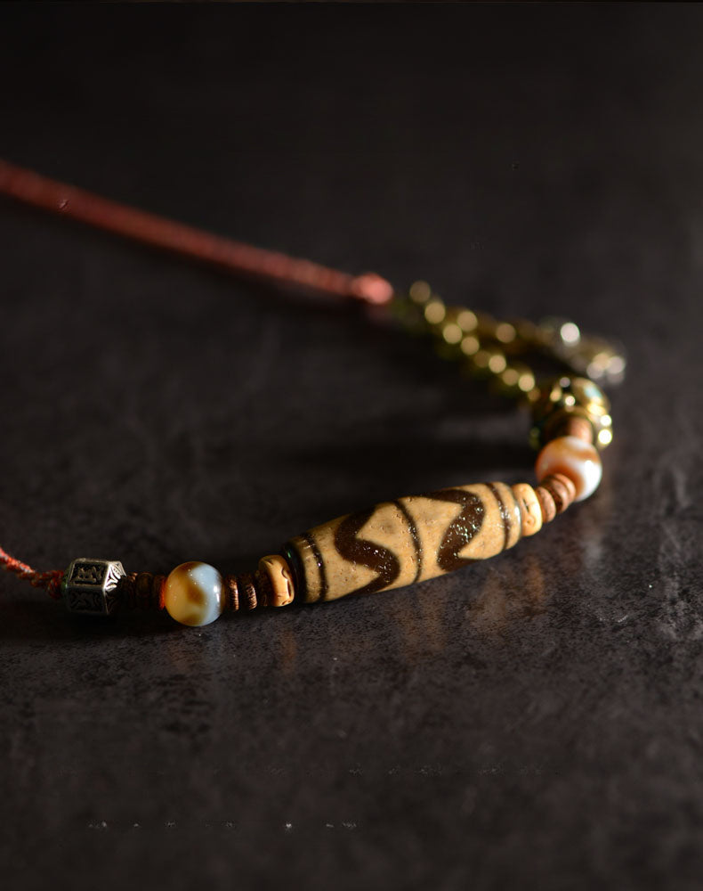 Tibetan Yellow Tiger Tooth Dzi Beads Handmade Rope Dzi Stone Beads Pendant