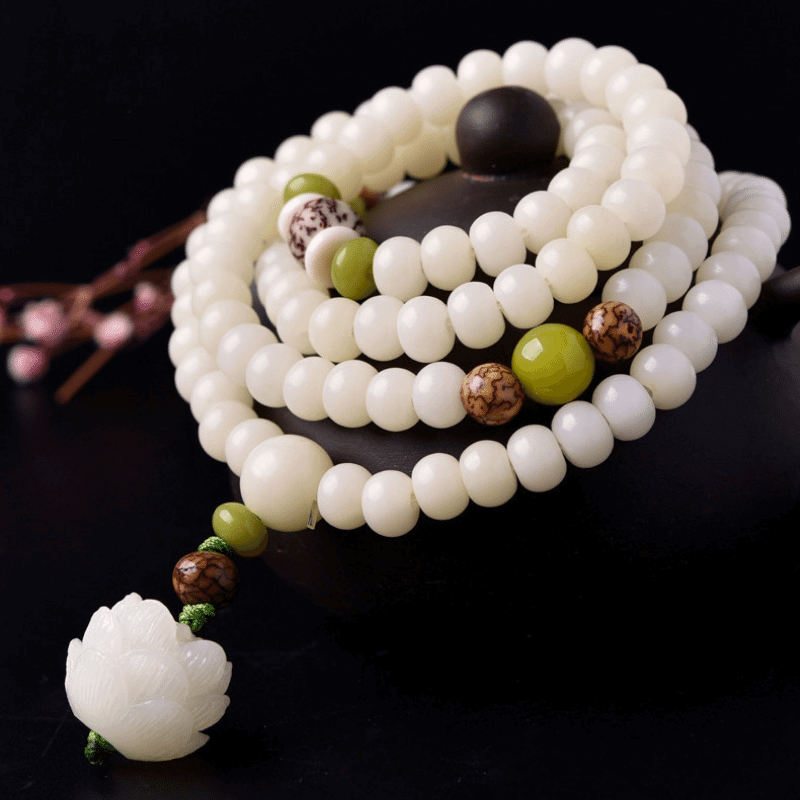 Bracelet/collier Mala Bodhi en jade blanc 108 perles