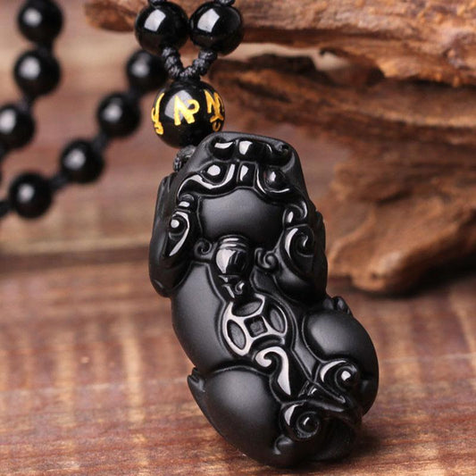 Collier Pixiu en obsidienne noire - Protection de la richesse