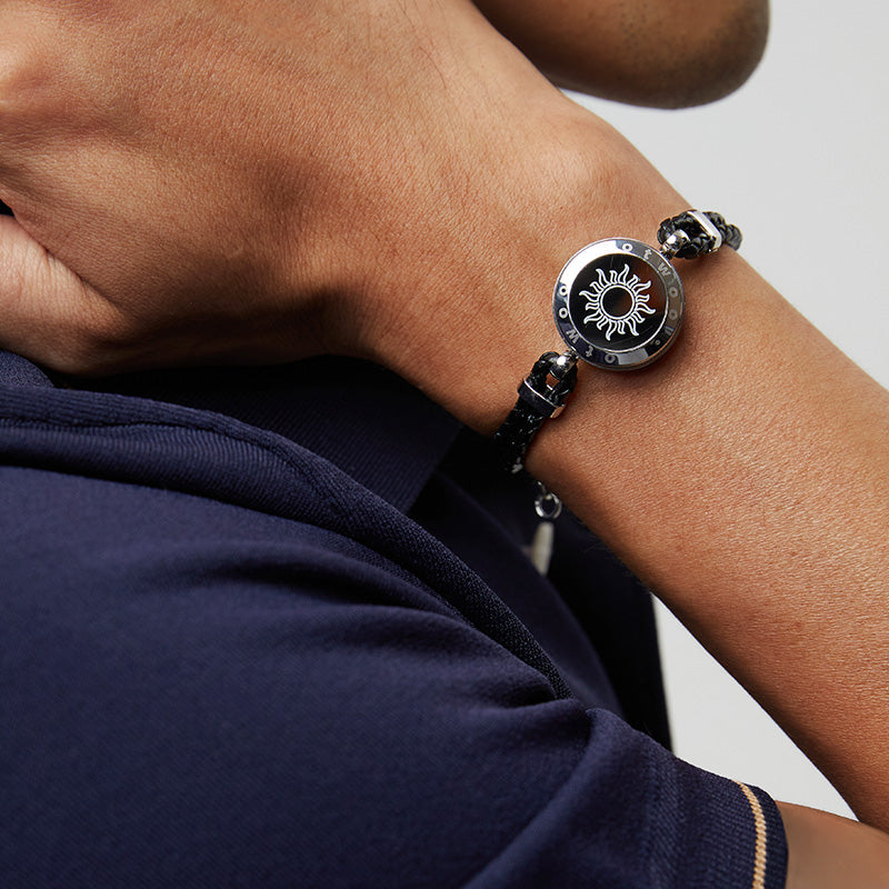 Bracelets tactiles Soleil et Lune avec corde en cuir tressé (noir + noir)