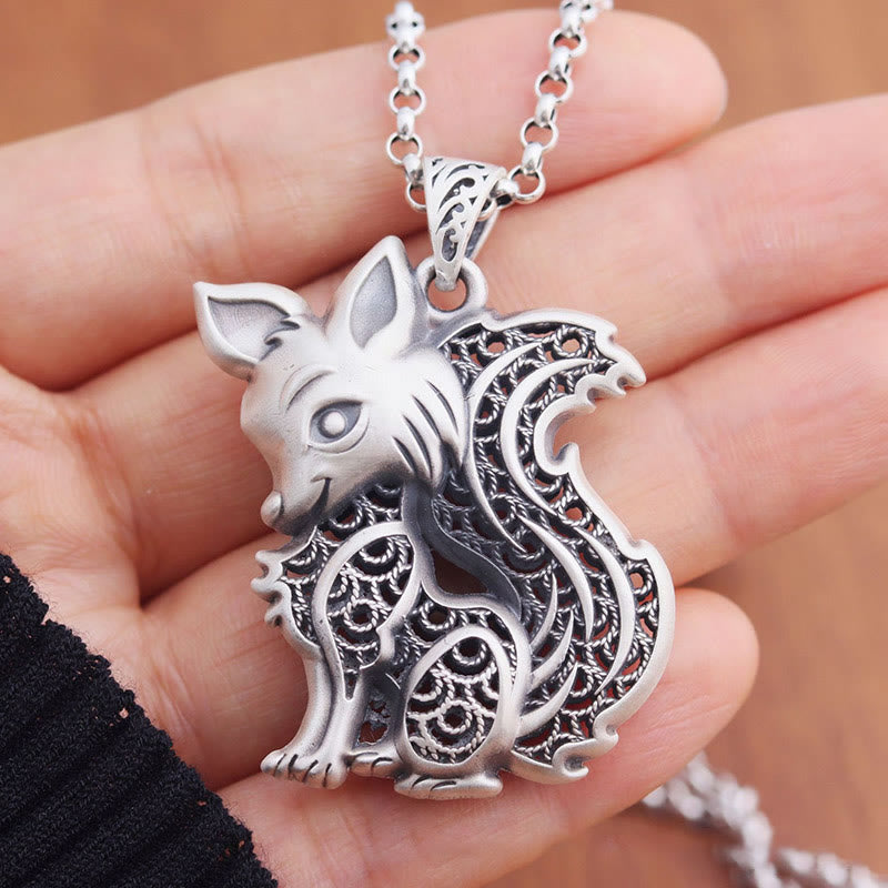 Collier de bénédiction double face en argent sterling 999 du Tibet, motif renard