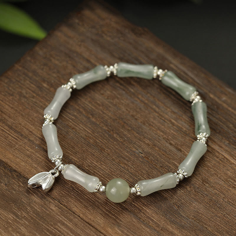 Bracelet porte-bonheur en argent sterling 925 et jade naturel Tianshan en bambou avec pierres de Bouddha