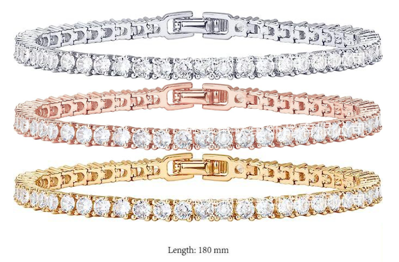 Plated Cubic Zirconia Classic Tennis Bracelet | Gold Bracelets for Women | 4mm CZ, Size 6.5-7.5 Inch