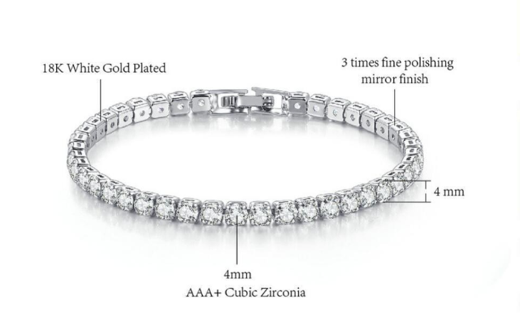 Plated Cubic Zirconia Classic Tennis Bracelet | Gold Bracelets for Women | 4mm CZ, Size 6.5-7.5 Inch