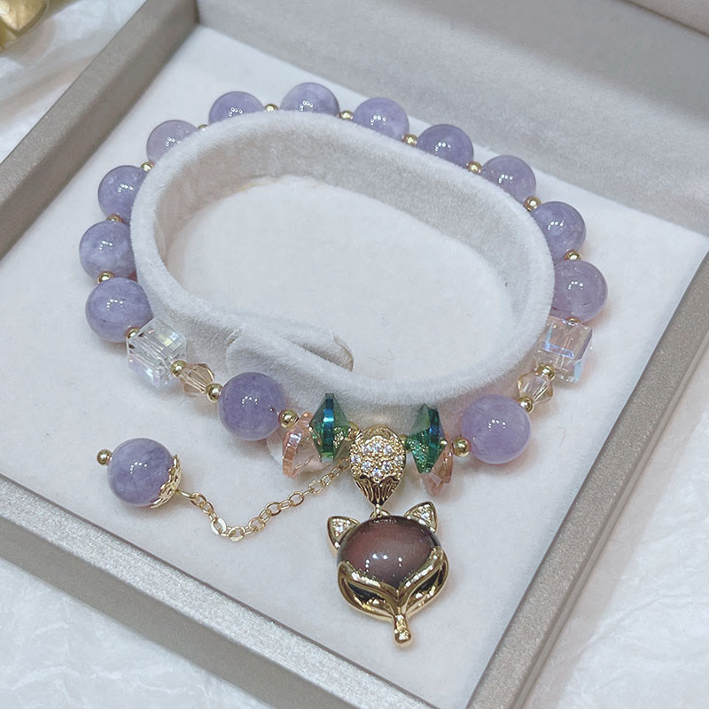 Bracelet porte-bonheur en jade violet naturel avec breloque renard et pierres de Bouddha