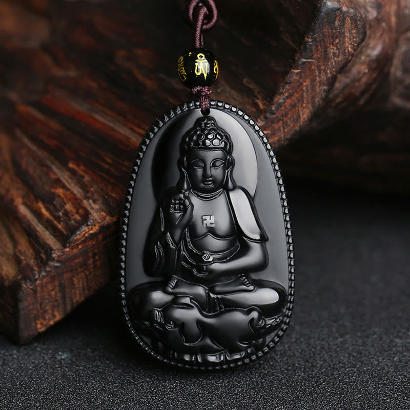Collier pendentif en obsidienne noire naturelle avec pierres de Bouddha et zodiaque chinois