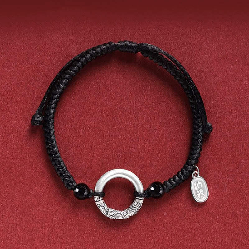 Bracelet à breloques en argent sterling 925 et onyx noir avec boucle de paix et personnage Fu