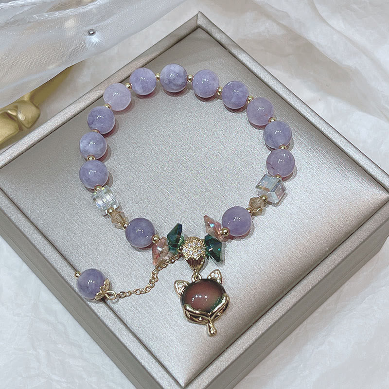 Bracelet porte-bonheur en jade violet naturel avec breloque renard et pierres de Bouddha