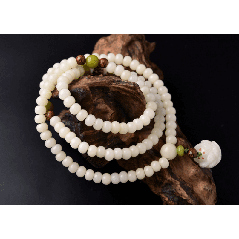 Bracelet/collier Mala Bodhi en jade blanc 108 perles
