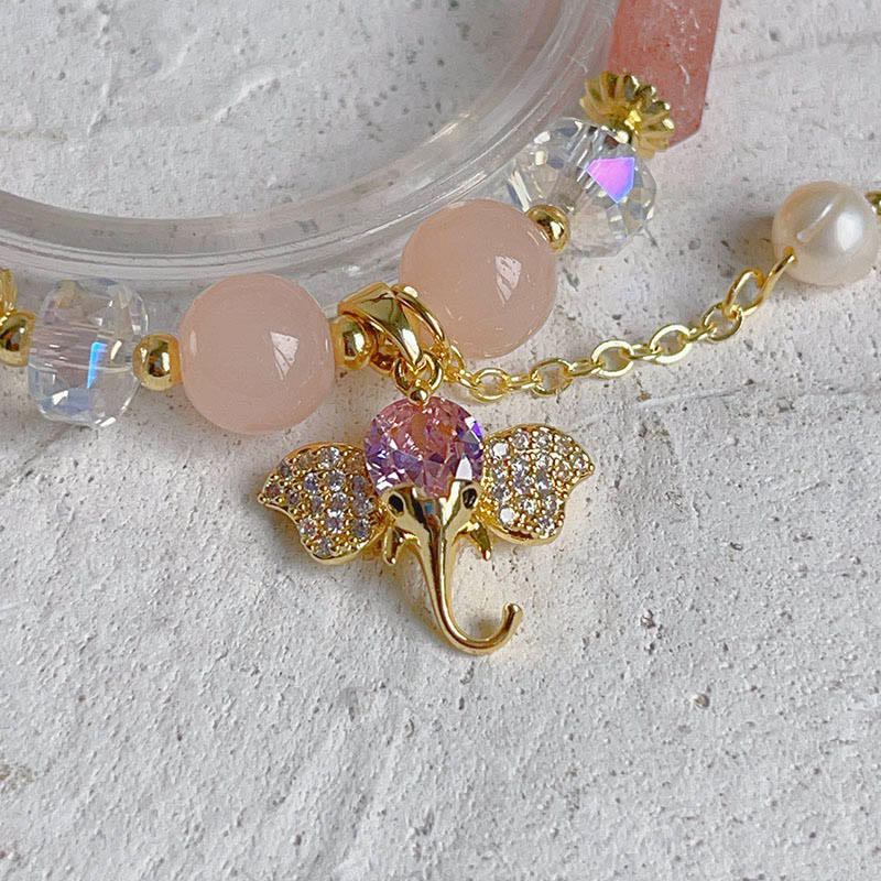 Bracelet à breloques éléphant positif en quartz fraise, améthyste, aventurine verte et pierres de Bouddha