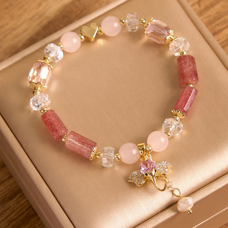 Bracelet à breloques éléphant positif en quartz fraise, améthyste, aventurine verte et pierres de Bouddha