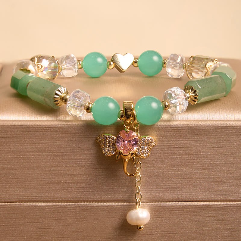 Bracelet à breloques éléphant positif en quartz fraise, améthyste, aventurine verte et pierres de Bouddha