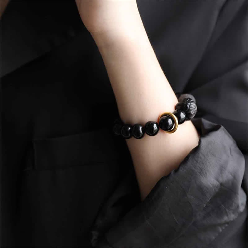 Buddha Stones Black Obsidian Silver Sheen Obsidian Lion Strength Bracelet