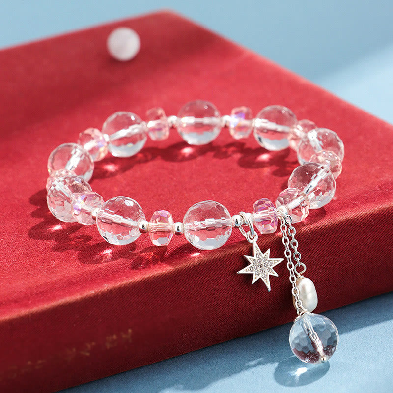 Bracelet à breloques étoile de protection en cristal blanc et rose avec pierres de Bouddha