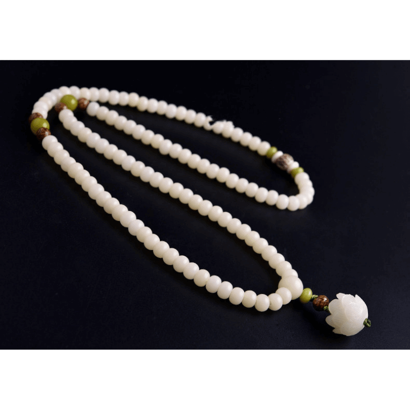 Bracelet/collier Mala Bodhi en jade blanc 108 perles