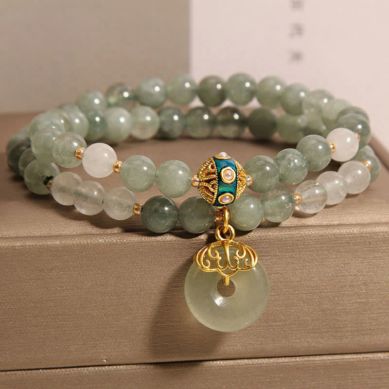 Bracelet double tour avec breloque porte-bonheur et boucle de paix en aventurine verte et pierres de Bouddha