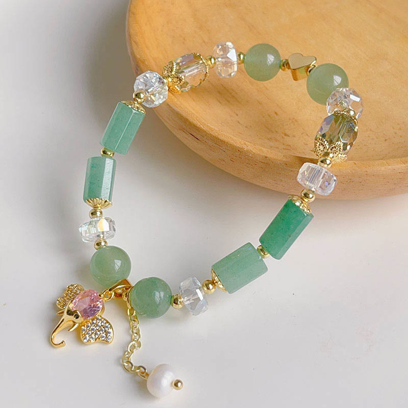 Bracelet à breloques éléphant positif en quartz fraise, améthyste, aventurine verte et pierres de Bouddha