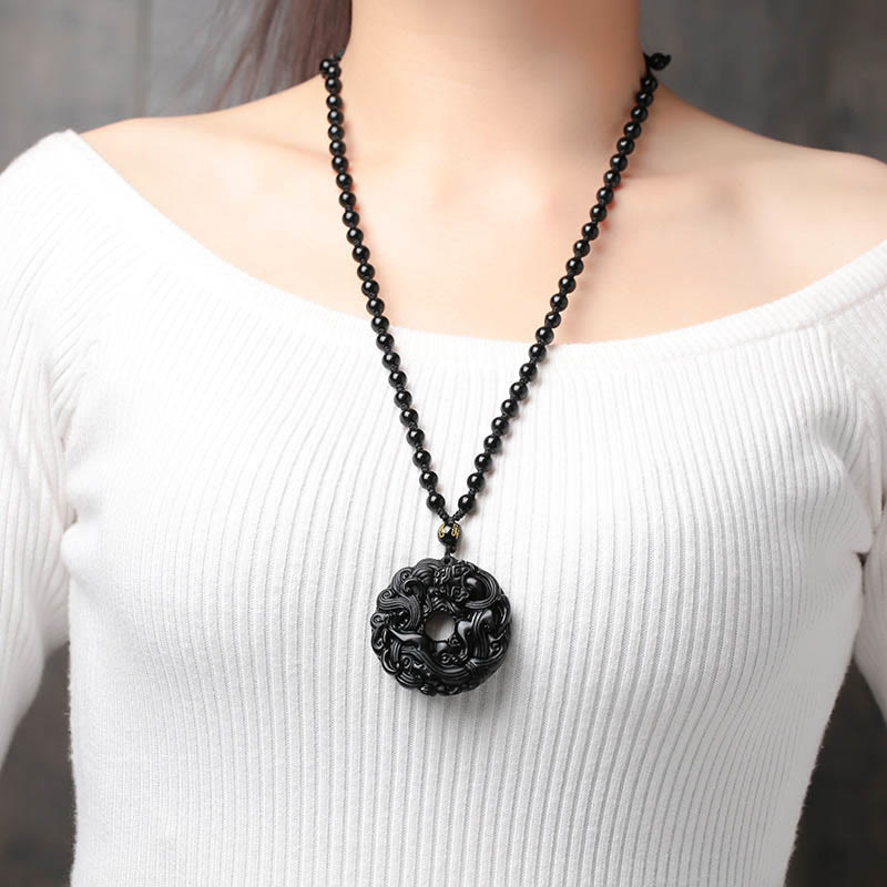 Collier pendentif en obsidienne noire naturelle avec boucle de paix et purification Pixiu