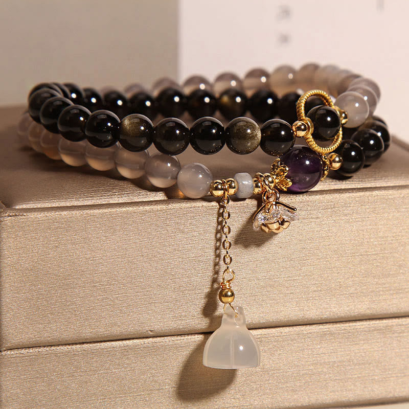 Bracelet double tour renforcé avec breloque en obsidienne grise et agate et lotus