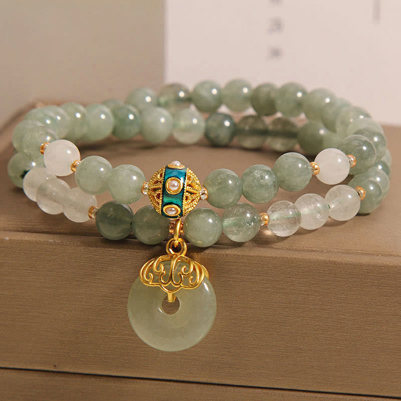 Bracelet double tour avec breloque porte-bonheur et boucle de paix en aventurine verte et pierres de Bouddha