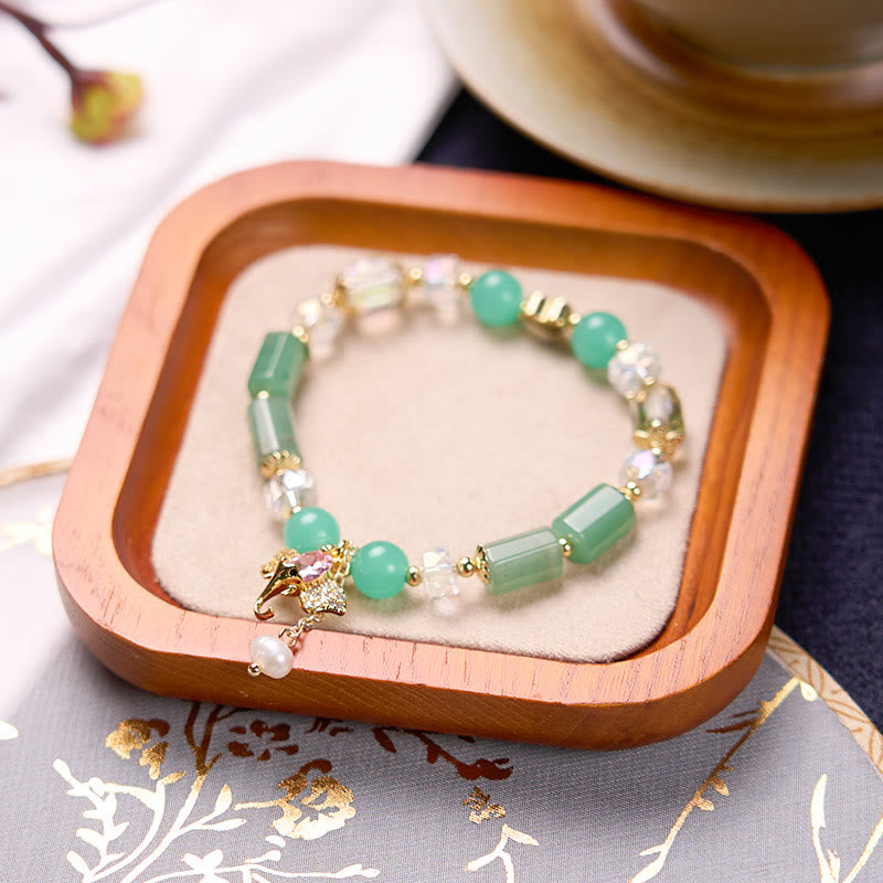 Bracelet à breloques éléphant positif en quartz fraise, améthyste, aventurine verte et pierres de Bouddha