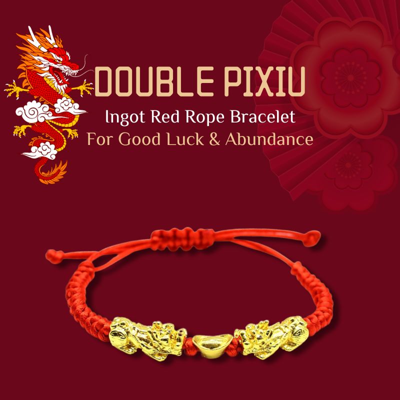 Bracelet double lingot Pixiu et corde rouge porte-bonheur