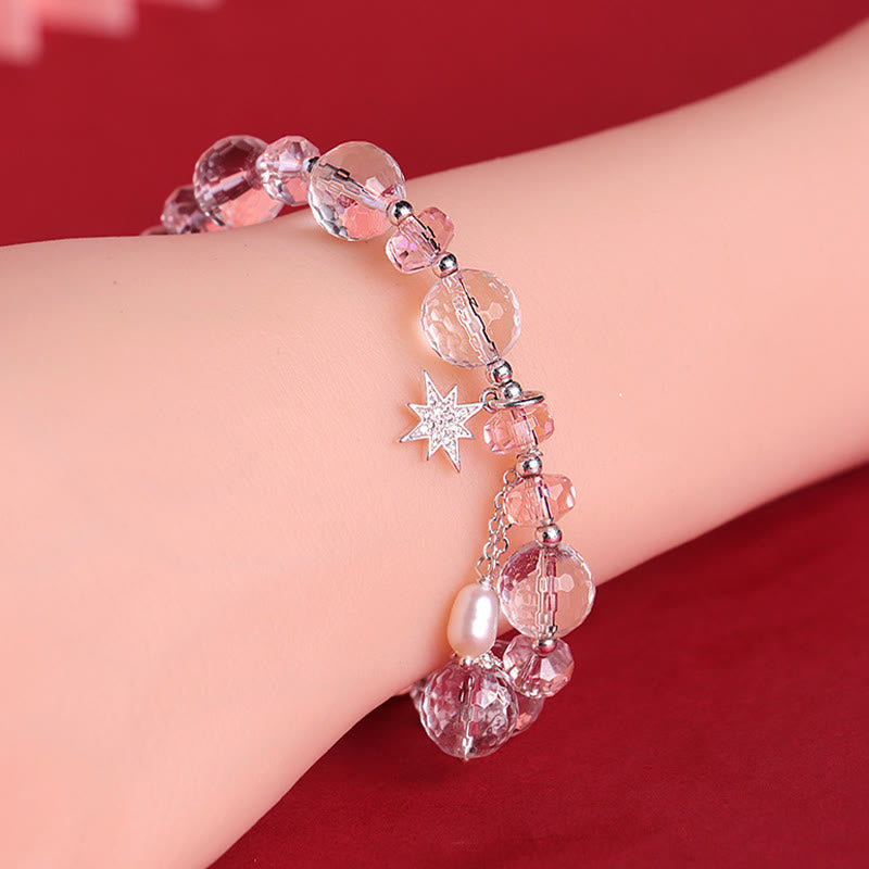 Bracelet à breloques étoile de protection en cristal blanc et rose avec pierres de Bouddha