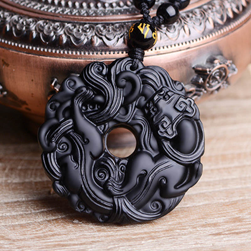 Collier pendentif en obsidienne noire naturelle avec boucle de paix et purification Pixiu