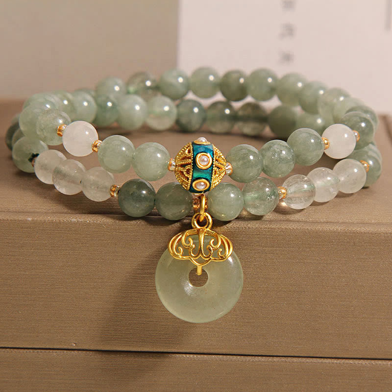 Bracelet double tour avec breloque porte-bonheur et boucle de paix en aventurine verte et pierres de Bouddha