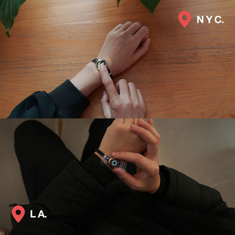 Bracelets tactiles Soleil et Lune avec corde en cuir tressé (noir + noir)