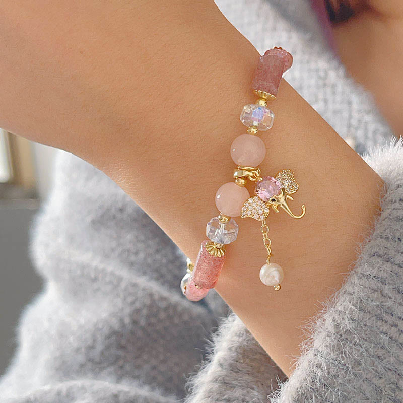 Bracelet à breloques éléphant positif en quartz fraise, améthyste, aventurine verte et pierres de Bouddha