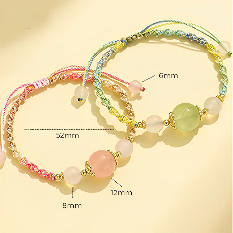 Buddha Stones Armband mit Erdbeerquarz, rosa Kristall, Prehnit, weißer Achat, Heilungsseil