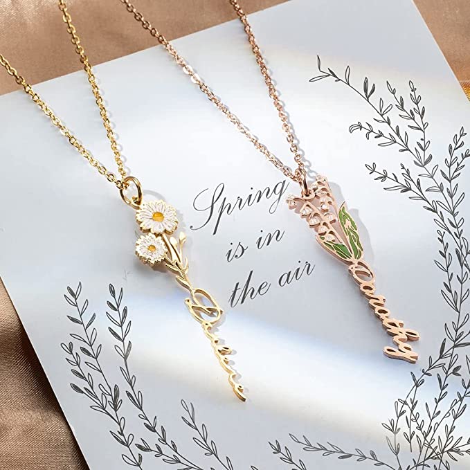 Collier avec nom de fleur de naissance aquarelle