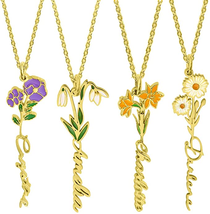 Collier avec nom de fleur de naissance aquarelle