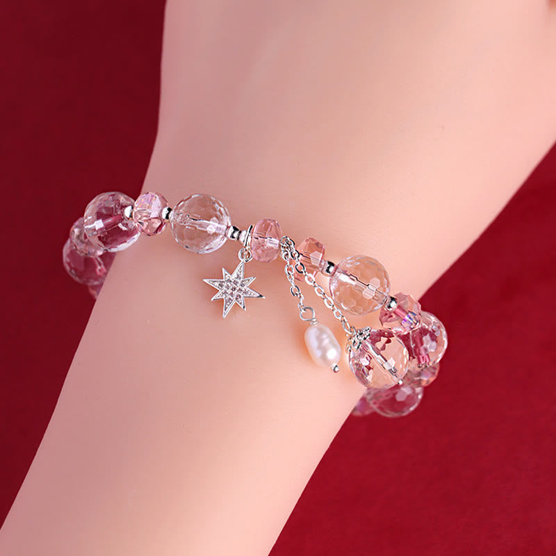 Bracelet à breloques étoile de protection en cristal blanc et rose avec pierres de Bouddha