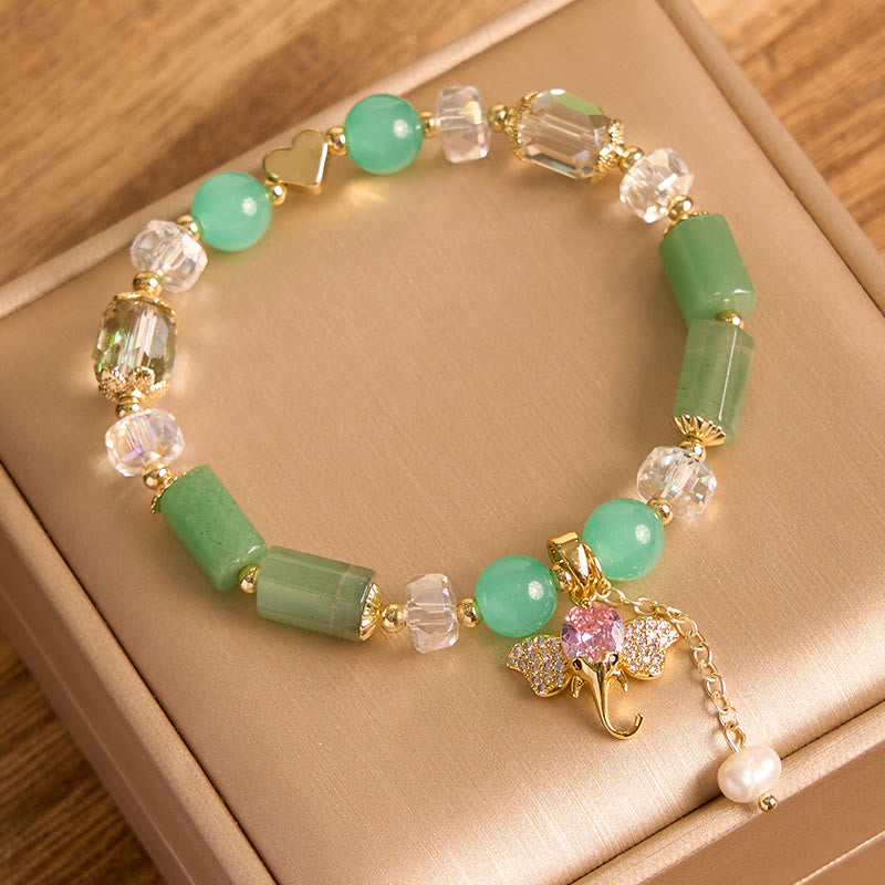 Bracelet à breloques éléphant positif en quartz fraise, améthyste, aventurine verte et pierres de Bouddha