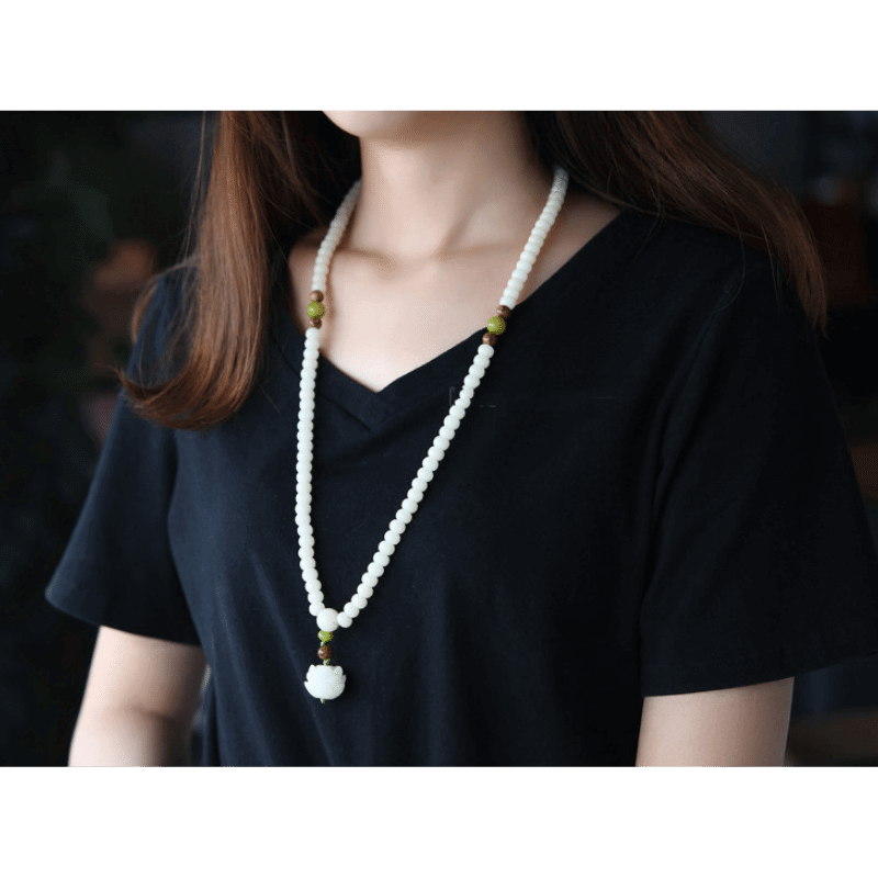 Bracelet/collier Mala Bodhi en jade blanc 108 perles