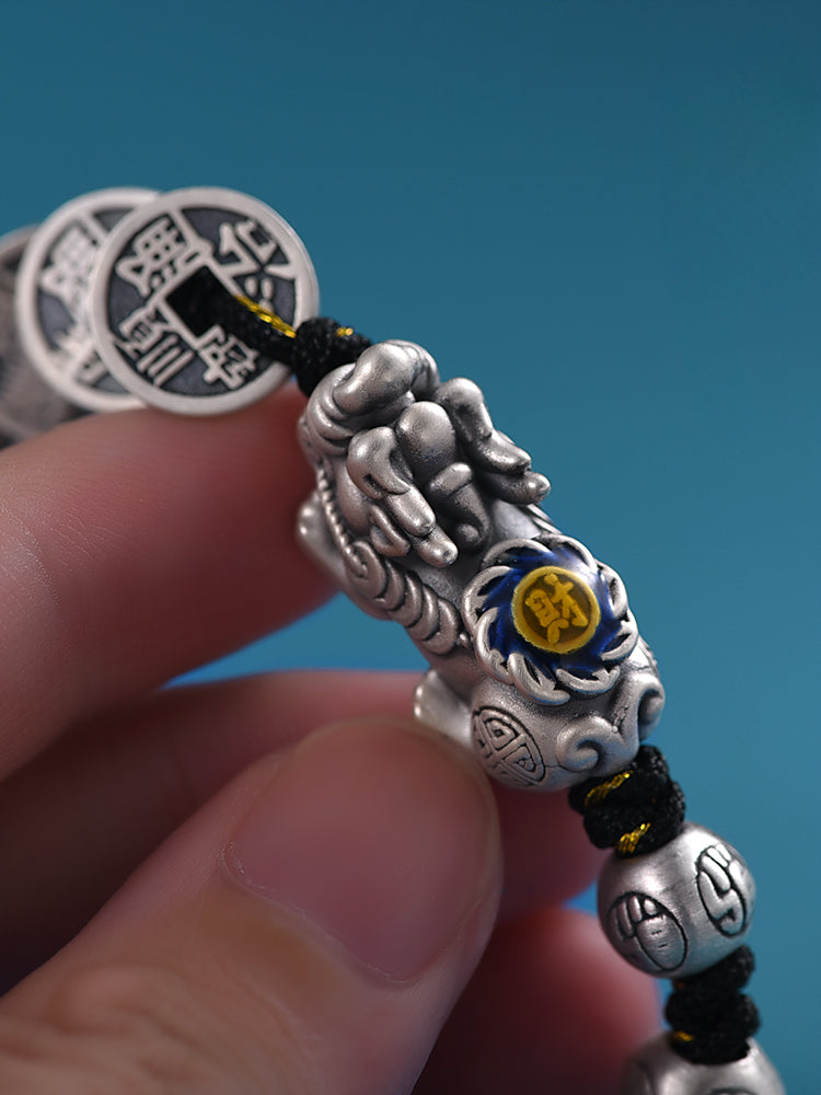 Bracelet Feng Shui en argent sterling avec cinq pièces de Pixiu tressées