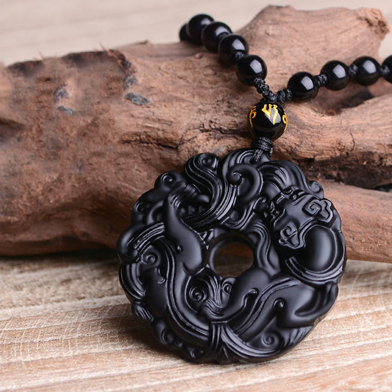 Collier pendentif en obsidienne noire naturelle avec boucle de paix et purification Pixiu