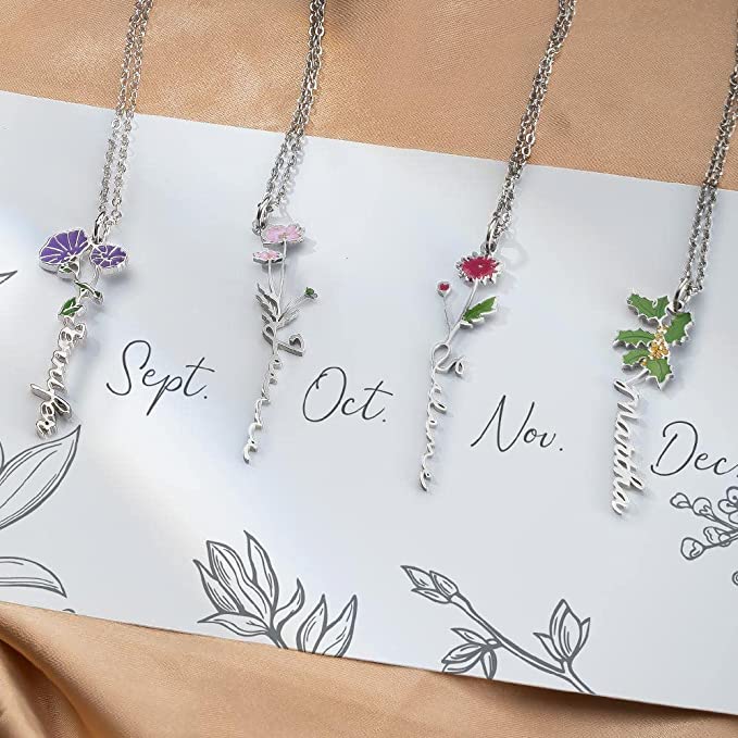Collier avec nom de fleur de naissance aquarelle