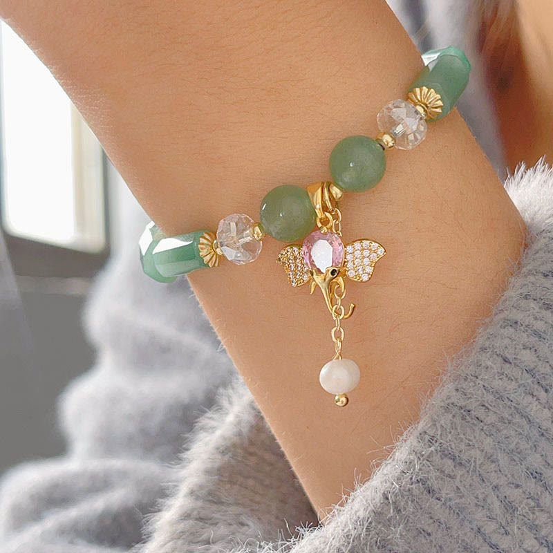 Bracelet à breloques éléphant positif en quartz fraise, améthyste, aventurine verte et pierres de Bouddha