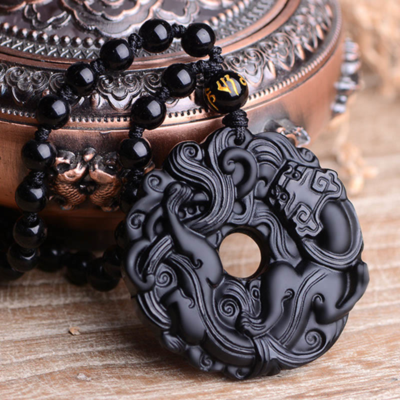 Collier pendentif en obsidienne noire naturelle avec boucle de paix et purification Pixiu