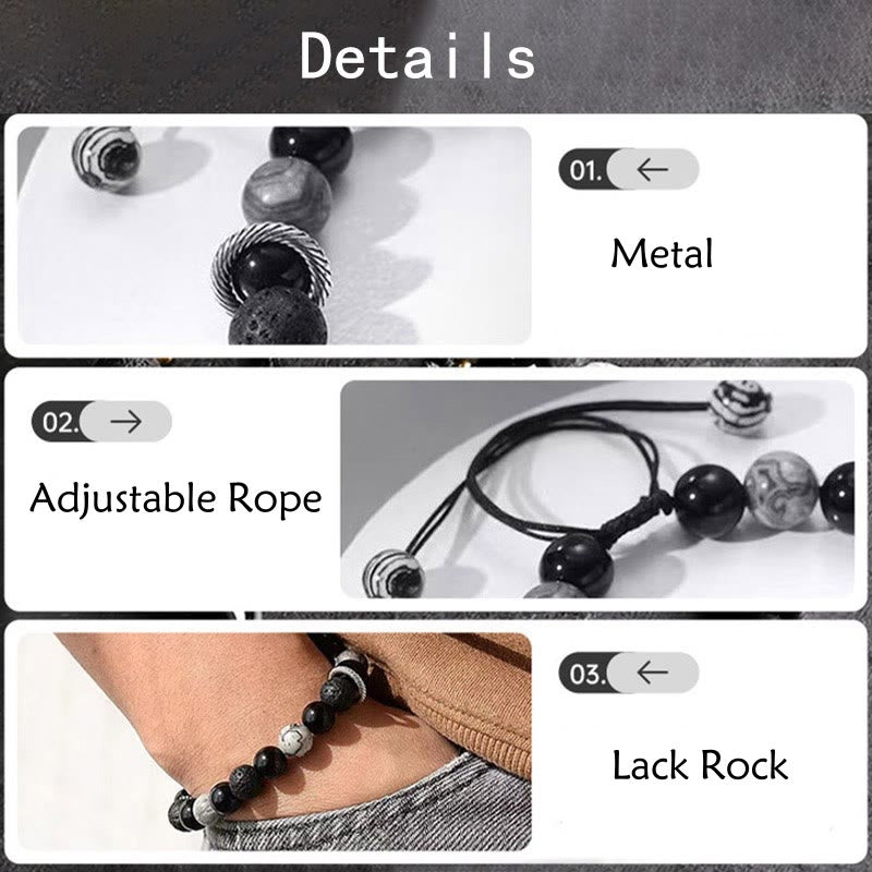 Buddha Stones Vintage Lava Rock Black Obsidian Picasso Jasper Beads Support Rope Bracelet