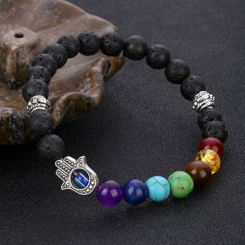 Bracelet en pierre de lave main 7 chakras Hamsa