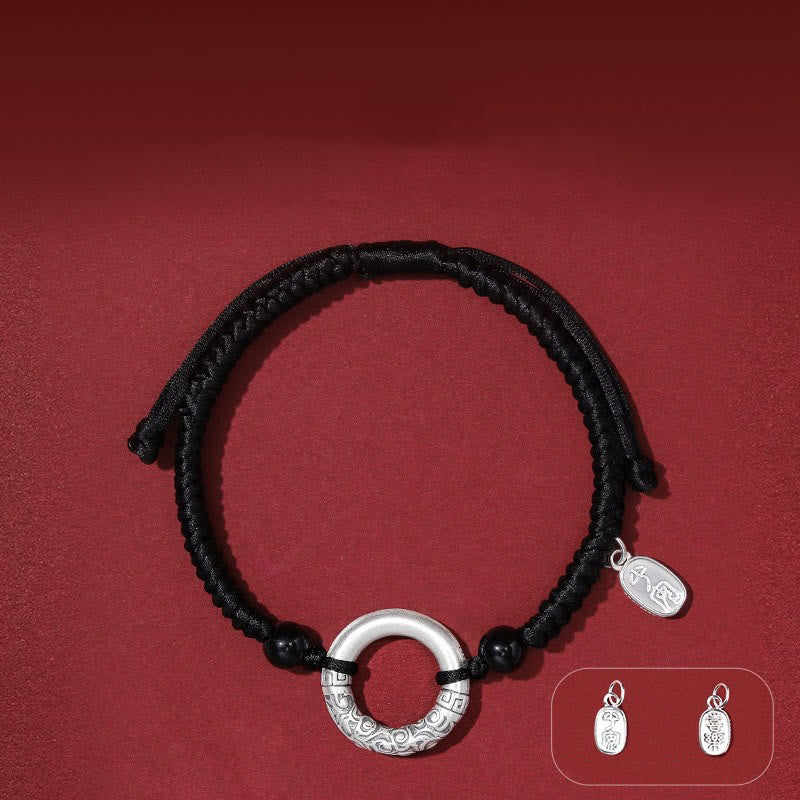 Bracelet à breloques en argent sterling 925 et onyx noir avec boucle de paix et personnage Fu