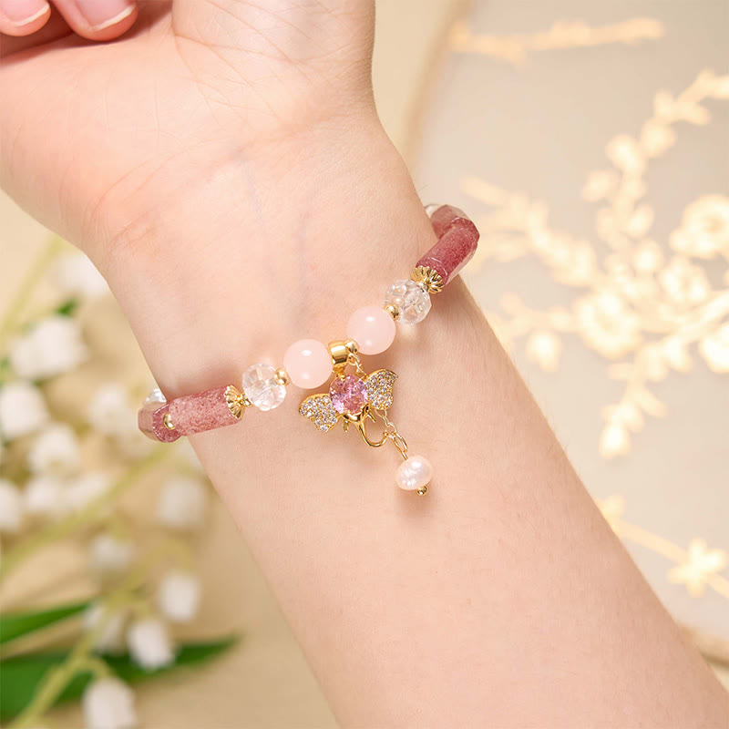 Bracelet à breloques éléphant positif en quartz fraise, améthyste, aventurine verte et pierres de Bouddha