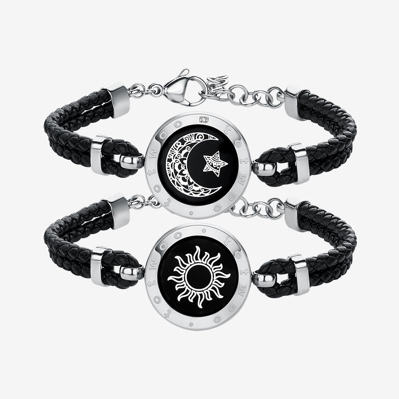 Bracelets tactiles Soleil et Lune avec corde en cuir tressé (noir + noir)