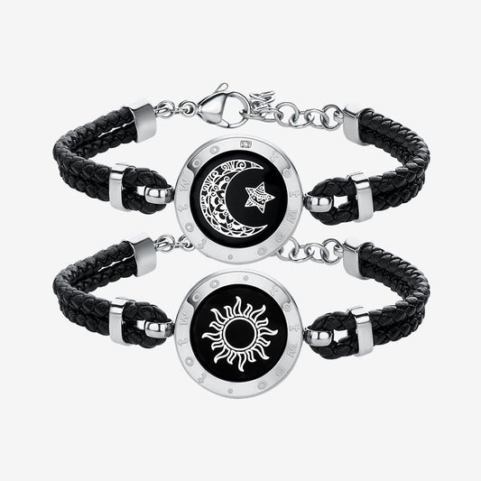 Bracelets tactiles Soleil et Lune avec corde en cuir tressé (noir + noir)