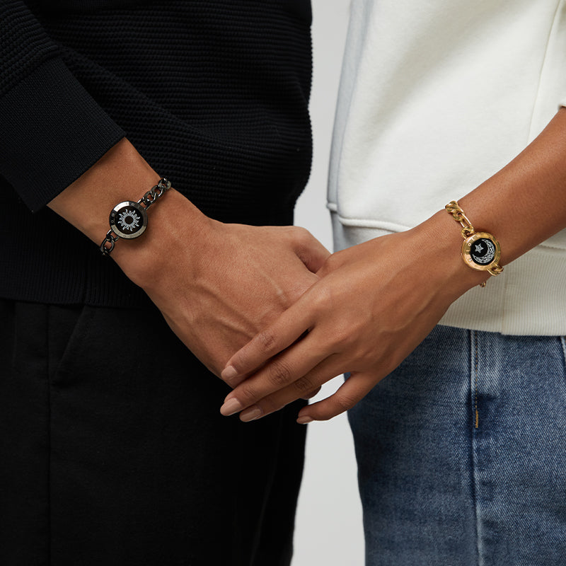 Bracelets tactiles Soleil et Lune avec chaîne Figaro (noir et or)