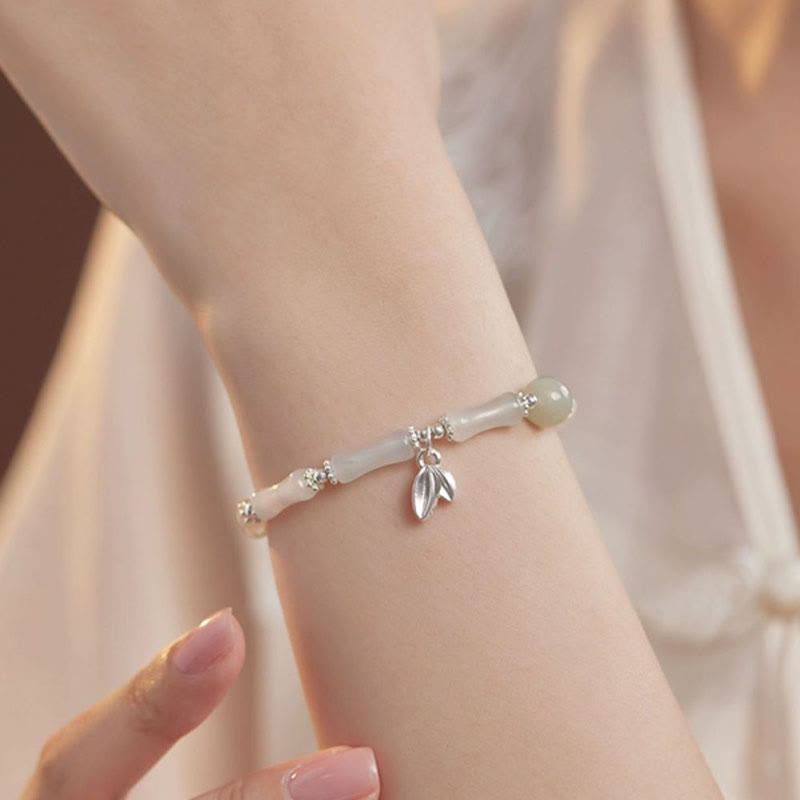 Bracelet porte-bonheur en argent sterling 925 et jade naturel Tianshan en bambou avec pierres de Bouddha